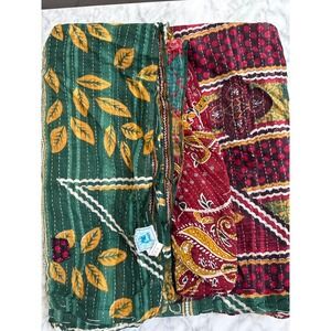 Karma Living Kantha Quilt Throw Blanket Green Red Cotton Hand Made India 50x80